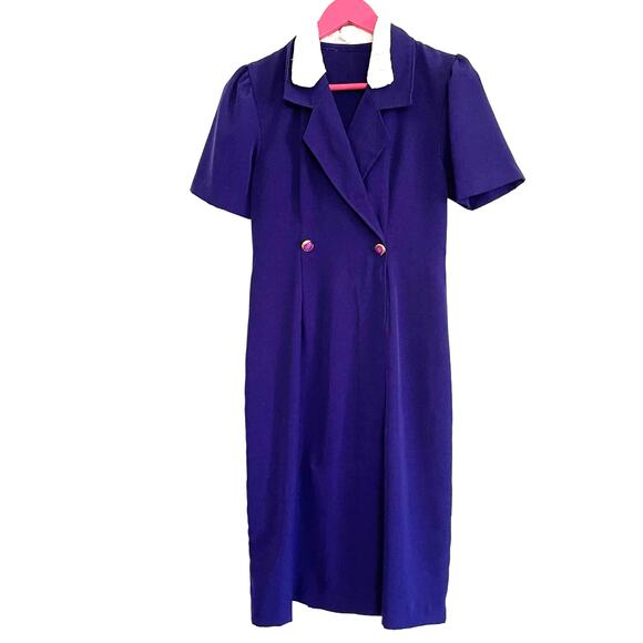 Vintage Handmade 90s Purple Surplice Midi Collared Dress Women's Small - Picture 1 of 11